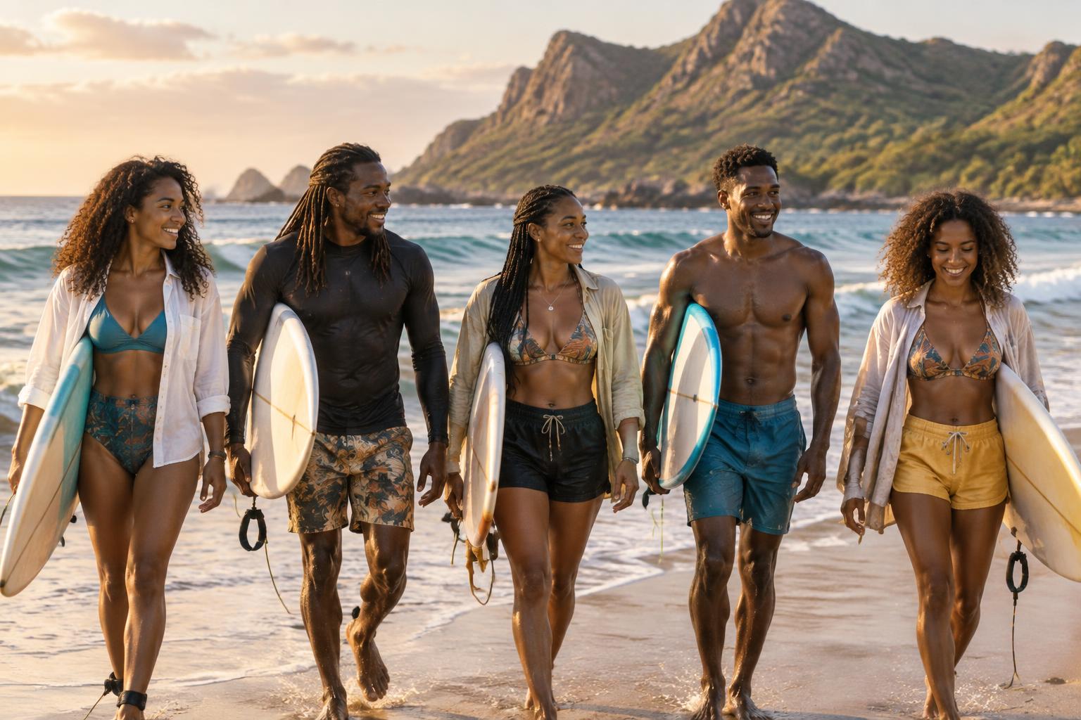 Surfeuses et surfeurs d'Afrique et des îles avec leurs planches